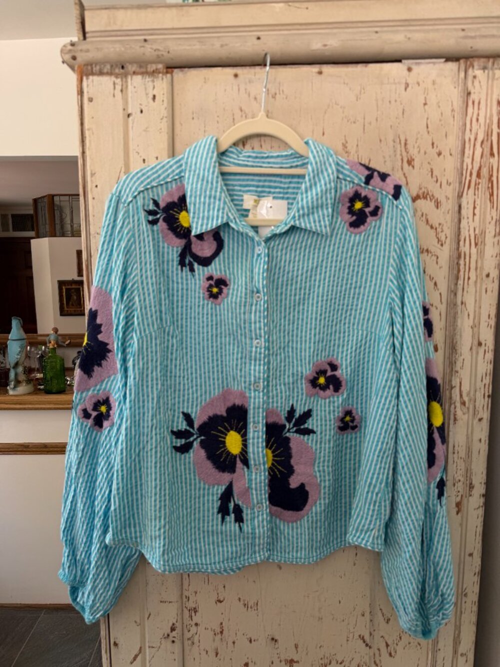 ANTHROPOLOGIE MAEVE PANSY EMBROIDERED STRIPE SHIRT - Picture 5 of 9